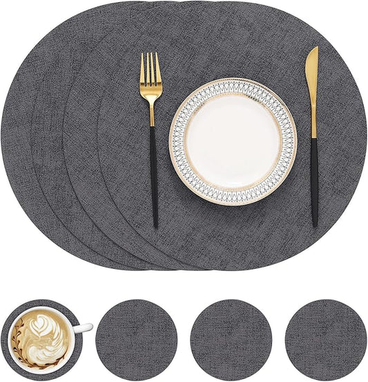 homing Round Faux Leather Placemat and Coaster 4 Packs, Washable Heat Resistant Dining Place Mats, Wipeable Double-Sided Table Mats for Indoor and Outdoor, Diameter 13 and 3.93 inch, Charcoal