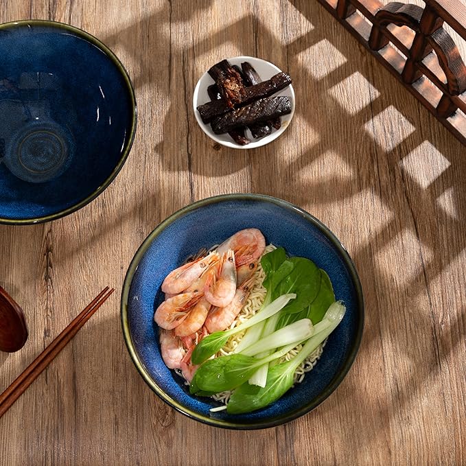 8 Inch Ceramic Ramen Bowl Set of 2, 40oz Japanese Bowls with Spoons & Chopsticks,Durable,Microwave & Dishwasher Safe,Perfect for Ramen,Pho,Salad,Soup,Noodles，Mixing bowls（Blue Topaz）