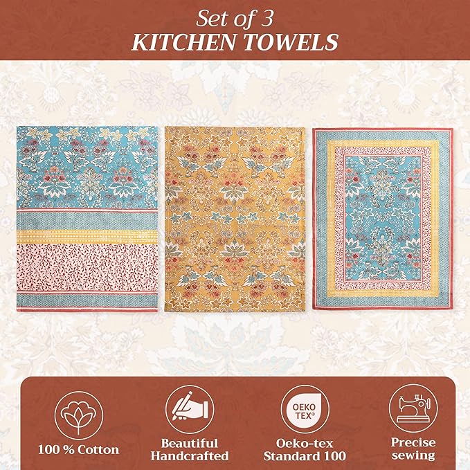 Maison d' Hermine Kitchen Towels Set of 3 100% Cotton 27.50" x 20" Reusable Cloth Tea Dish Towels Absorbent with Hanging Loop for Kitchen, Home, Dining, Cocktail Parties Spring/Summer (Marquise)