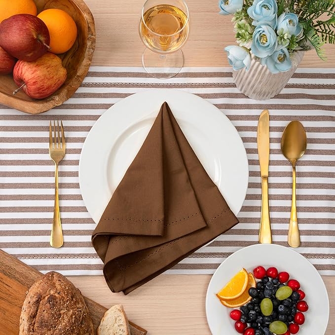 Blue Needles Set of 6 Hemstitch Linen Napkins 100% Cotton Nut Brown Cloth Dinner Napkins 18x18 inches, Soft, Reusable, Absorbent, Washable, Ideal for Fall Thanksgiving Events, Parties & Everyday Use