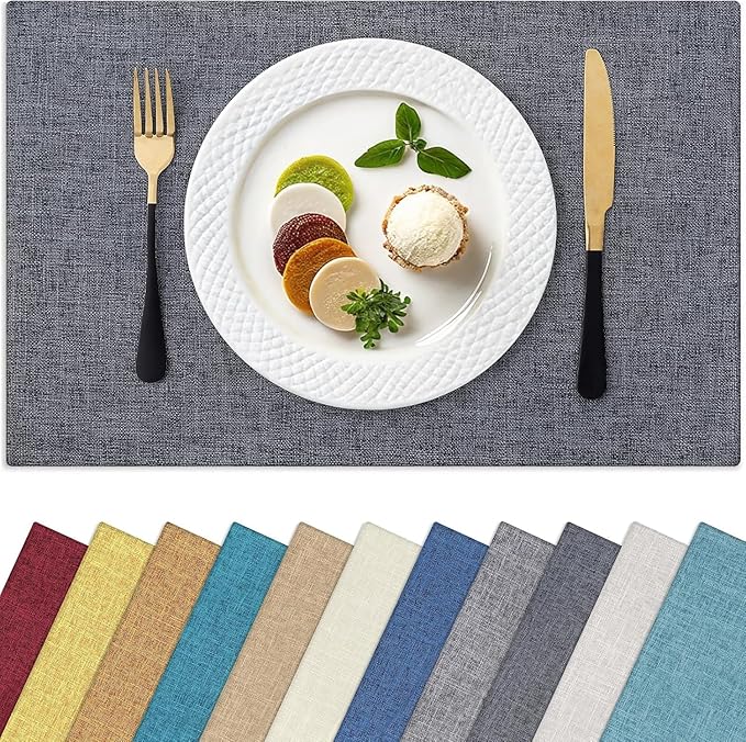Homaxy Cloths Placemats for Dining Table Set of 8, Heat Resistant Washable Cotton Linen Blend Table Mats, Easy to Clean Place Mats for Indoor Outdoor Party Kitchen Decoration, 13" x 19", Charcoal Gray