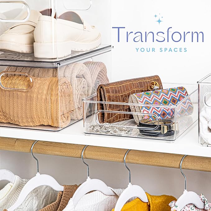 Plastic Food Storage 2 pack Clear Container Bin with Handles for Organizing Kitchen, Pantry, Refrigerator, Freezer, Pantry, Cabinet, Closet, Bathroom. Stackable 10”x8”x3”