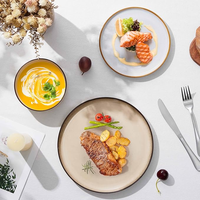 Herogo 12 Pieces Stoneware Dinnerware Dishes Set for 4, Kitchen Dining Plates and Bowls Sets, Double Reactive Glaze, Microwave & Dishwasher Safe, Scratch Resistant, Ivory White & Cream Khaki