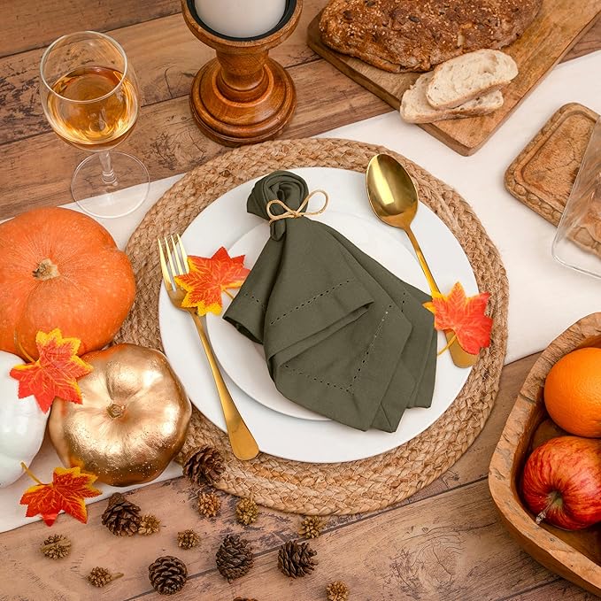 Blue Needles Set of 6 Hemstitch Linen Napkins 100% Cotton Olive Green Cloth Dinner Napkins 18x18 inches, Soft, Reusable, Absorbent, Washable, Ideal for Fall Thanksgiving Events, Parties & Everyday Use
