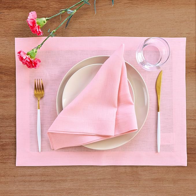 Solino Home Linen Placemats Set of 4 - Pink Lemonade Placemats 14 x 19 Inch - 100% Pure Linen Table Place Mats - Fete