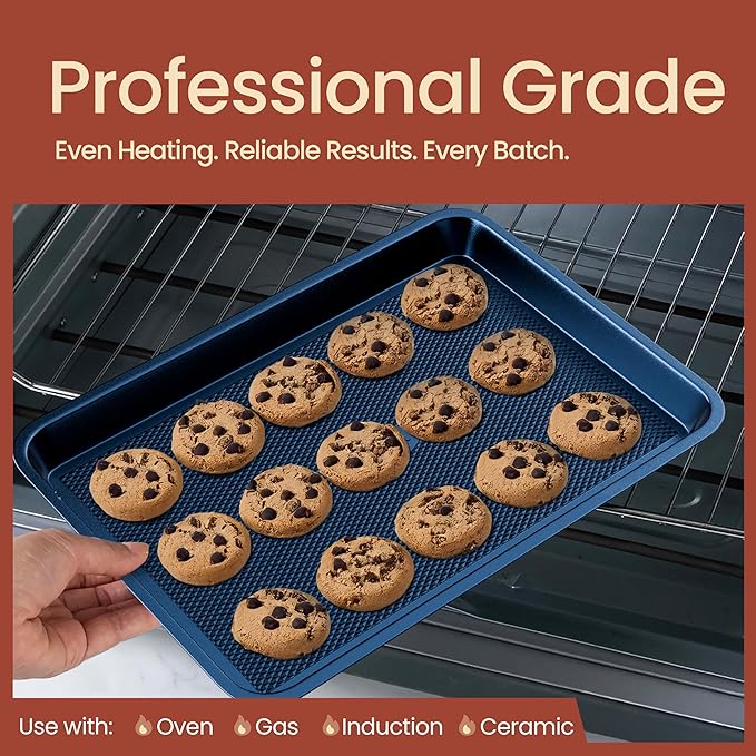 BAKKEN Kitchen Baking Pans - Nonstick Blue Coating, 13.58’’ × 9.65’’ Commercial Grade Carbon Steel Cookie Sheet, Diamond Texture Bottom, PFOA, PFOS, PTFE Free, Oven Safe Tray (450°F), Blue