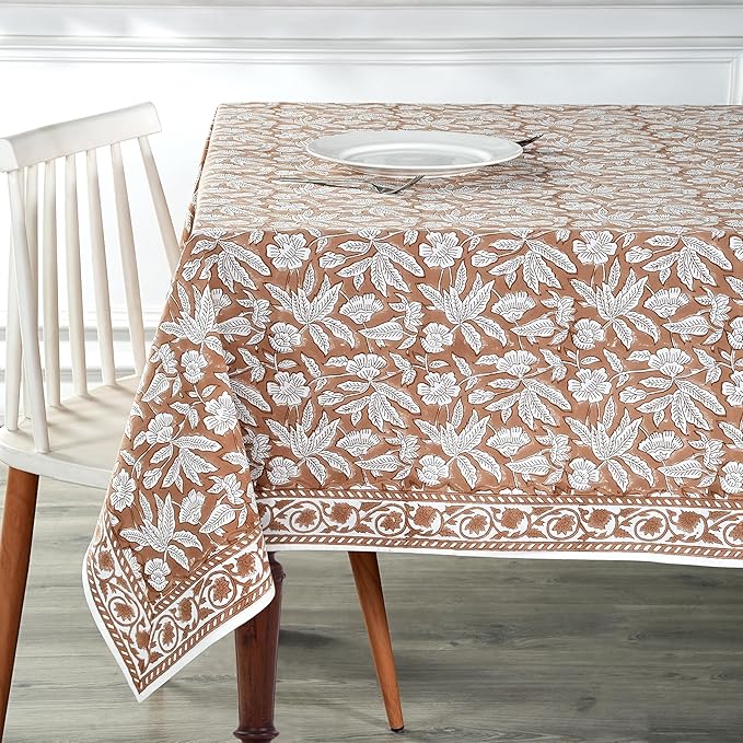 Ridhi Oak Brown Hand Block Print Cotton Rectangle Tablecloth 102 x 48 inch-Reusable Table Cover Decorative Everyday Use for Dining Room, Farmhouse, Thanksgiving, Christmas Wedding, Fall