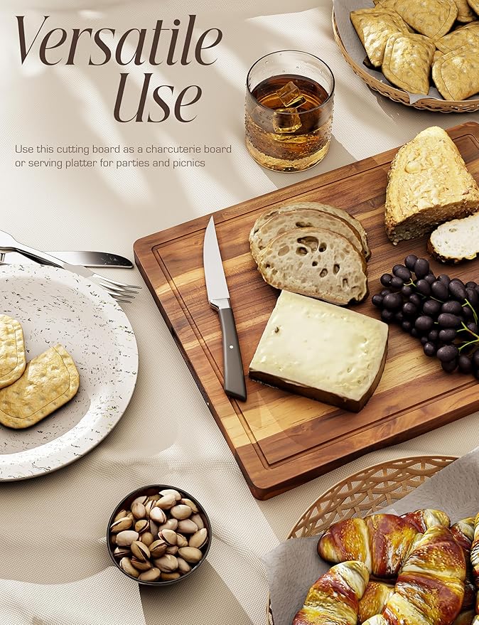 Teak Wood Cutting Board with Lip - 16” x 12” Wooden Chopping Boards for Kitchen - Serving Platter, Pastry Board, Wooden Cutting Board with Counter Lip, Handles - Teak, Juice Groove, Removable