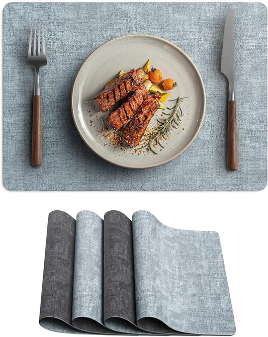 Faux Leather Vinyl Placemats Set of 4 Wipeable Heat Resistant Place Mats 100% Washable - Waterproof - Anti Slip Reversible Table Mats for Kitchen/Dining/Party/Outdoor, 12" x 16.5", Light Blue & Black