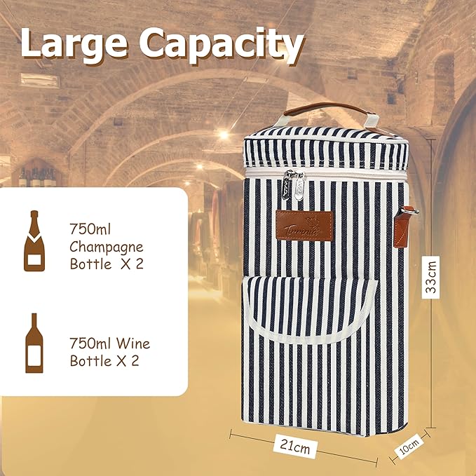 Tirrinia 2 Bottle Wine Gift Tote Carrier - Leakproof & Insulated with large pockets Wine Cooler Bag for Travel, Wine Tasting, Party, Dinner,Great Gift for Wine Lover