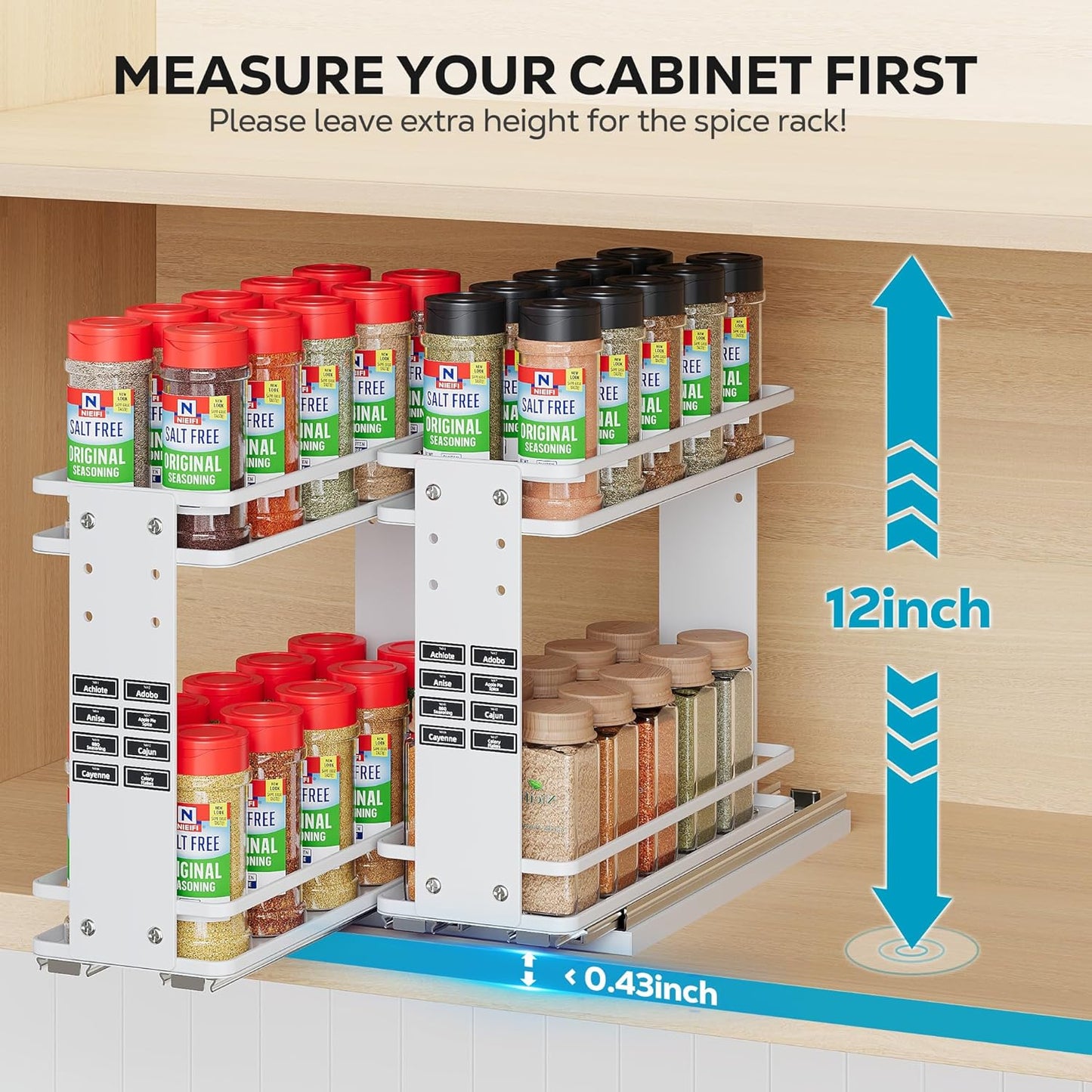 Nieifi Pull Out Spice Rack Organizer, 2 Tiers, White, Spice Organization for Cabinet, Height Adjustable, Easy to Install