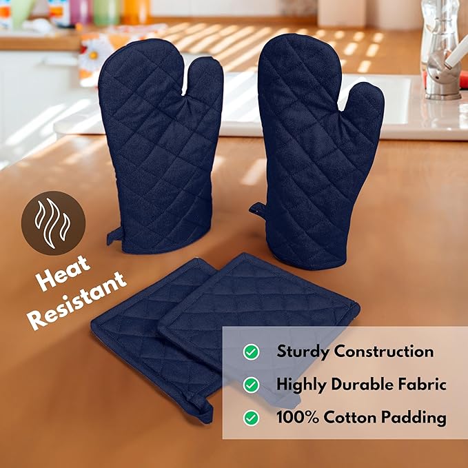 Native Fab 4 Piece Set - 2 Oven Mitts & 2 Potholders, Heat Resistant, 100% Cotton, Quilted Design, Non-Slip Grip, Machine Washable, Ideal for Baking, Cooking, BBQ, Kitchen Protection - Navy Blue