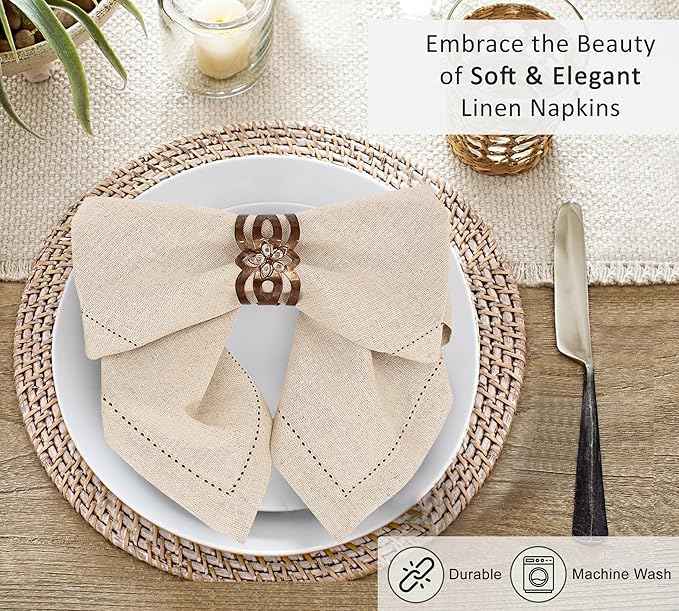 Ruvanti Premium Linen Napkins Set of 6-20x20 Inch, Classic Hemstitch, Mitered Corner Cloth Napkins ‎- Soft, Elegant Dinner Napkins Cloth Washable for Weddings, Parties, Everyday Use - Natural