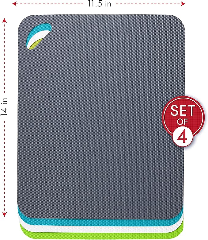 Dexas Heavy Duty Cutting Board Grippmat, Flexible Cutting Boards for Kitchen, Set of 4, Non Slip Plastic Board Cutting Mat 11.5 by 14 inches, Gray, Turquoise, White, Green Set Kitchen Gadgets