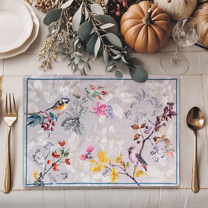 Maison d' Hermine Placemats Set of 4 100% Cotton Washable Cloth Place Mats, Reusable Table Mats for Thanksgiving Christmas Decorations Kitchen Dining Party Wedding (Equinoxe - Grey, 13" x 19")