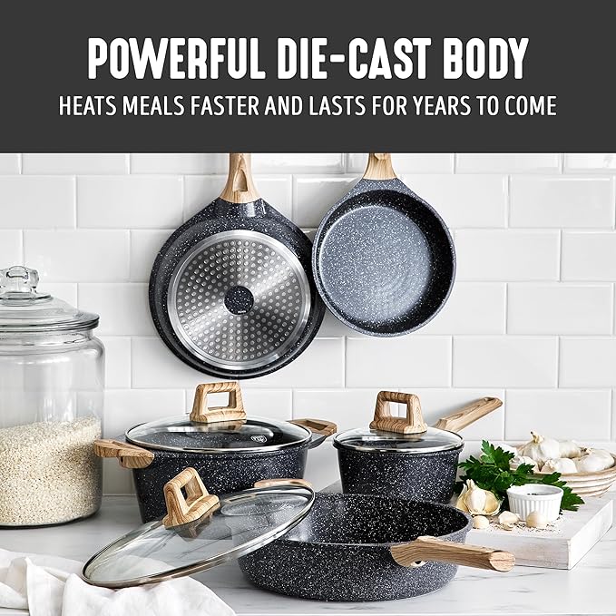 GreenLife 8 Piece Ceramic Nonstick Cookware Set, Induction Suitable Non Toxic PFAS-Free Pots & Pans, Dishwasher Safe, Cooking Set, Stock Pot, Saucepans & Frying Pans, Kitchen Cooking, Granite Black