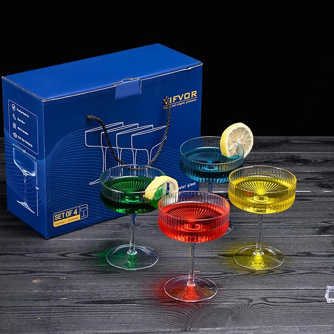 Martini Glass Set of 4, Ribbed Coupe Cocktail Glasses 10 oz Classic Old Styling Martini Glass Set with Gift Box Packaging Elegant Hand Blown Manhattan Goblet for Cocktail, Champagne