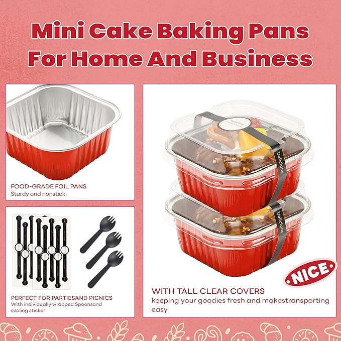 60 Pack Mini Cake Pans with Lids Mini Aluminum Pans, Disposable Loaf Pans Cupcake Liners with Lids for Pudding, Souffle, Party, Wedding(Red, 5 oz)