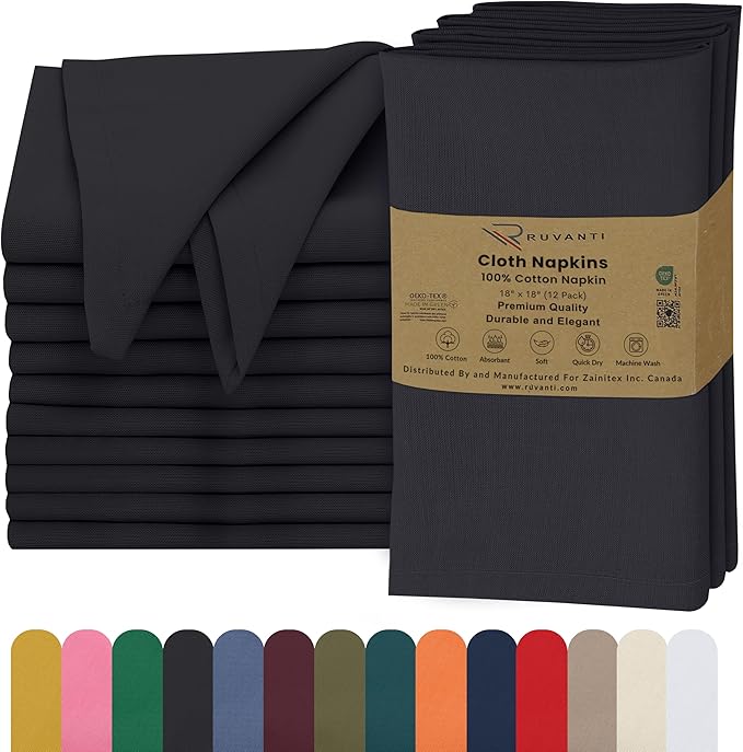 Ruvanti Cloth Napkins Set of 12, 18x18 Inches, 100% Cotton, Washable, Soft & Absorbent, Perfect for Wedding, Christmas, ‎Thanksgiving Dinners - Black Beauty
