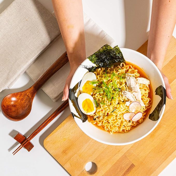 Japanese Ceramic Ramen Bowl Set, 60oz Large Ramen Bowls with Chopsticks, Spoons and Chopstick Rests – Bowl for Ramen, Pho, Salad, Poke, Soup, Udon – Minimalist Design, Premium Quality, White