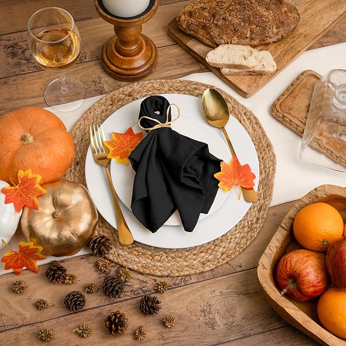 Blue Needles Solid Cloth Napkins Set of 6 Black 100% Cotton Dinner Napkins 18x18 inches - Soft, Reusable, Absorbent & Washable Fall Thanksgiving Linen, Ideal for Events, Parties & Everyday Use