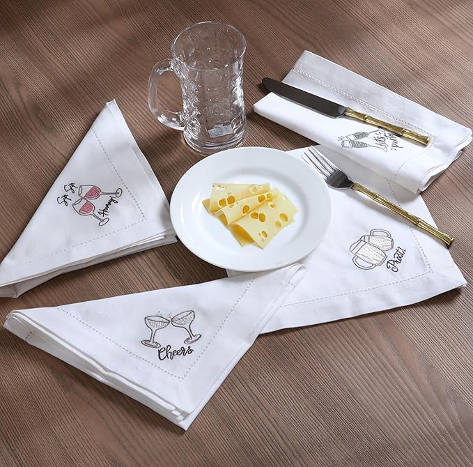 Bedding Craft Cotton Cloth Dinner Napkins Set of 12 – 18x18 Embroidered Motif with Decorative Hemstitch – Machine Washable Fabric Napkins for Weddings, Baby Showers, Christmas & Parties