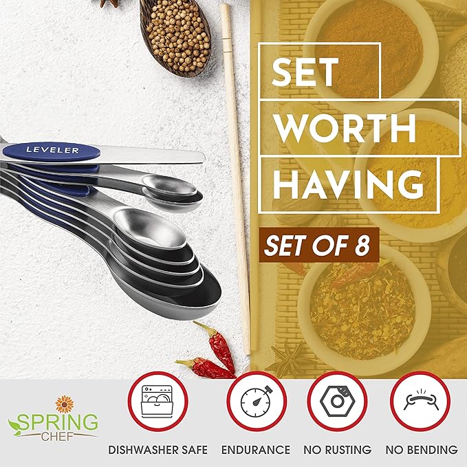 Spring Chef Stainless Steel Magnetic Measuring Spoons Set of 8 with Leveler, Heavy Duty Teaspoon & Tablespoon Measuring Spoons With Strong N45 Magnets, Kitchen Gadgets for Baking & Cooking - Sapphire