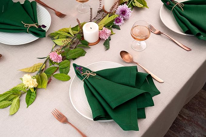 D'Moksha Homes Forest Green Linen Napkins Set of 4 - Classic Hemstitch 100% Pure Linen Hemstitch Dinner Napkins 20 x 20 Inch for Thanksgiving, Christmas, Holiday - Handcrafted and Machine Washable