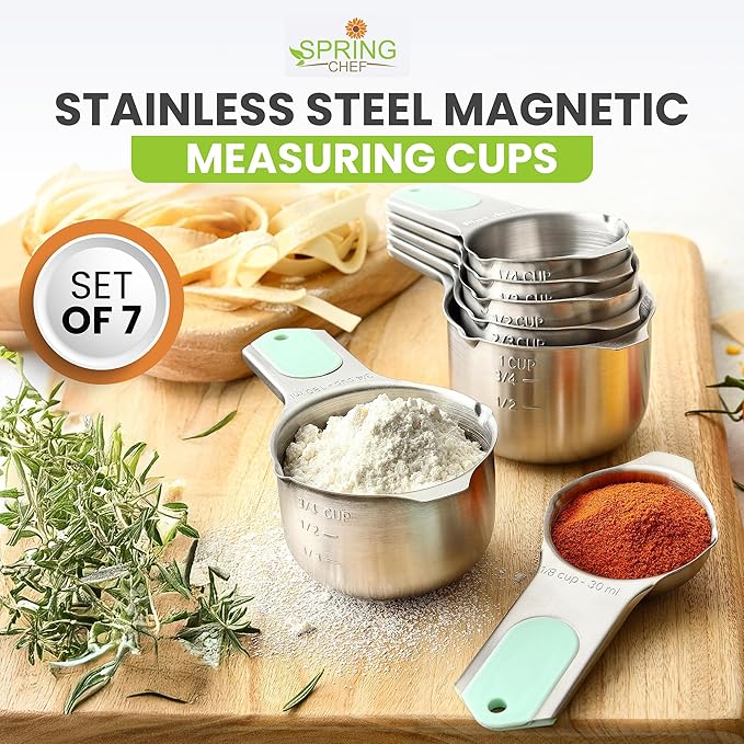 Spring Chef Magnetic Stainless Steel Measuring Cups, Patented, Kitchen Tools with Easy to Read Markings for Measuring Dry or Liquid Ingredients, Set of 7, Mint