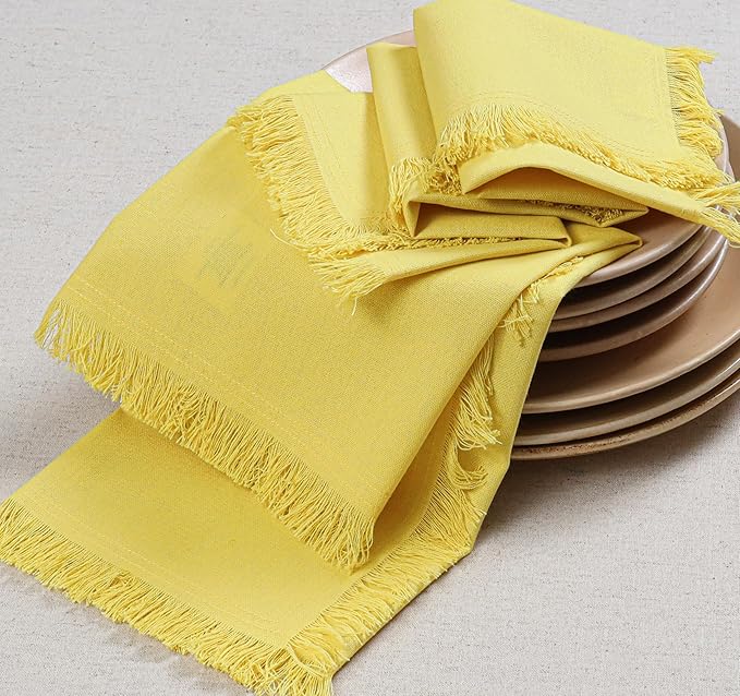 Bedding Craft Cotton Cloth Dinner Napkins Set of 12 – 18x18 Golden Kiwi Yellow with Fringed Corners – Machine Washable Fabric Napkins for Weddings, Baby Showers & Everyday Dining