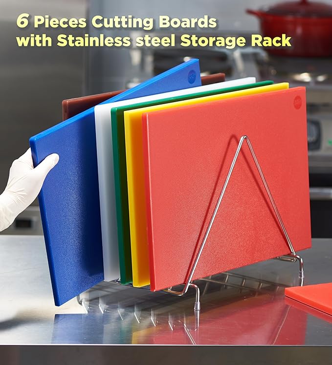 CURTA 6-Piece NSF 18" x 12" x 1/2" Multi-Colored Flexible Cutting Board Kit with Stainless steel Storage Rack, Color Coded Plastic Chopping Board with Anti Slip Surface Dishwasher Safe