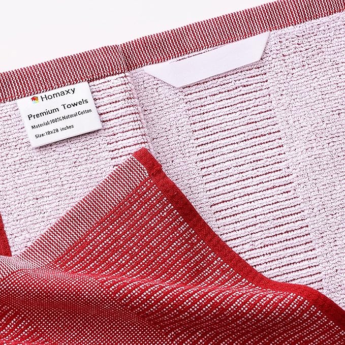 Homaxy Premium Kitchen Towels(18”x 28”, 8 Pack), Large Cotton Kitchen Hand Towels, Flat and Terry Dish Towels, 380 GSM Highly Absorbent Tea Towel Set with Hanging Loop, Red