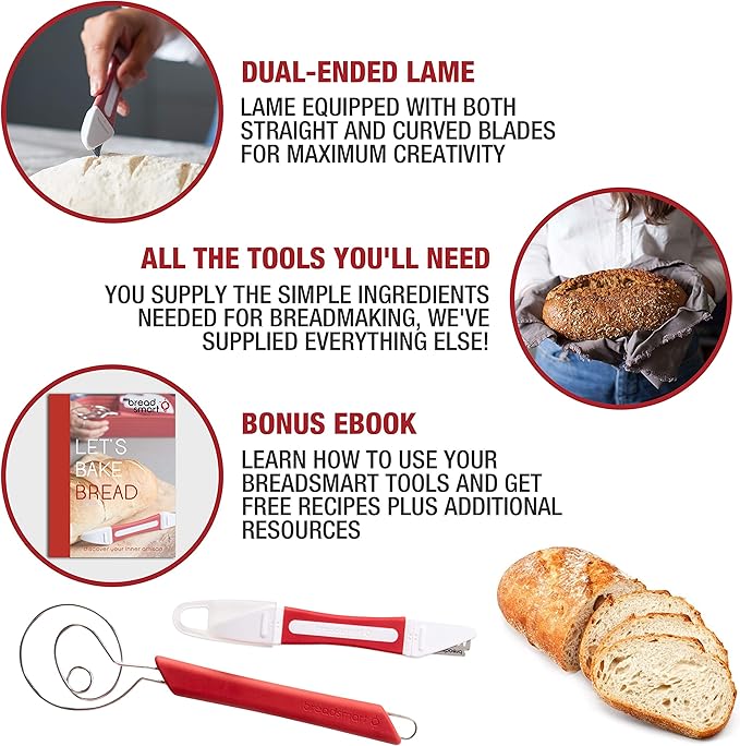 Breadsmart Artisan Bread Making Kit - 5 PC Baking Supplies Set - Lame, Scraper, Whisk, Proofing Basket & Cotton Liner - Red