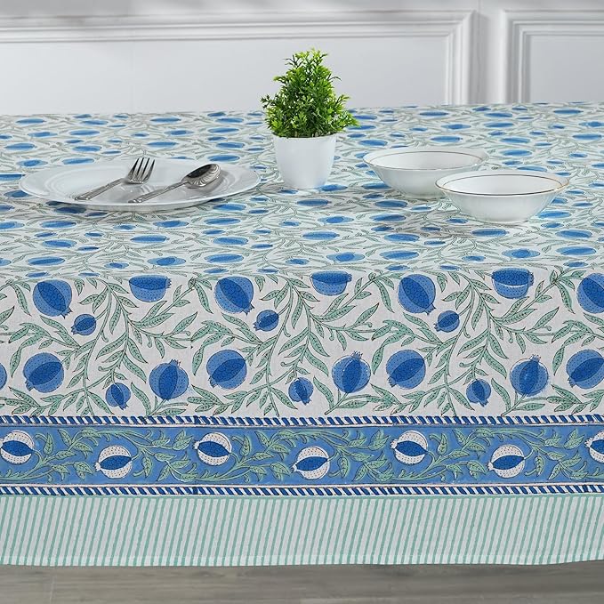 Ridhi Queen Blue Hand Block Print Cotton Rectangle Tablecloth 120 x 60 inches Reusable Table Cover Decorative Everyday Use for Dining Room, Farmhouse, Home, Party, Festive & Wedding, Fall