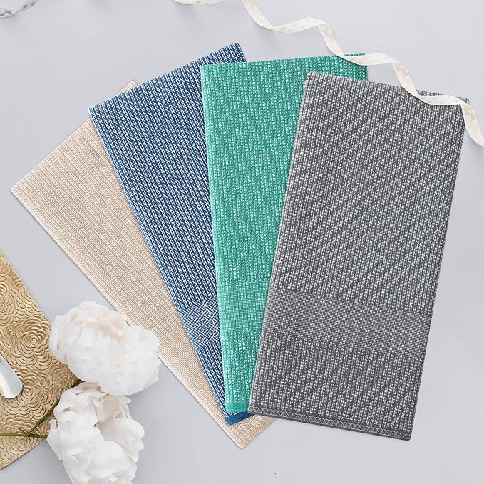 Homaxy Premium Kitchen Towels(18”x 28”, 6 Pack), Large Cotton Kitchen Hand Towels, Flat and Terry Dish Towels, 380 GSM Highly Absorbent Tea Towel Set with Hanging Loop, Grey/Green/Khaki