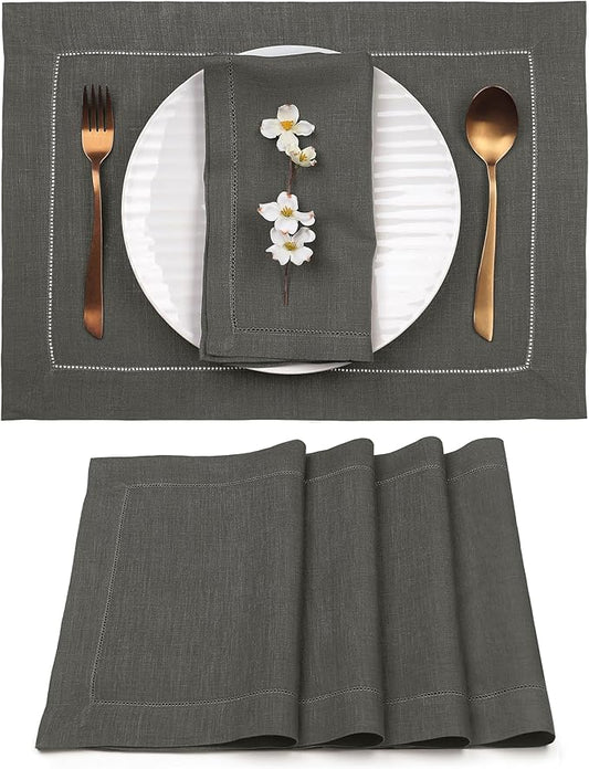 D'Moksha Homes Linen Placemats Set of 4 - Classic Hemstitch Charcoal Grey Placemats 14 x 19 Inch - 100% Pure Linen Table Mats for Thanksgiving, Holiday - Handcrafted and Machine Washable