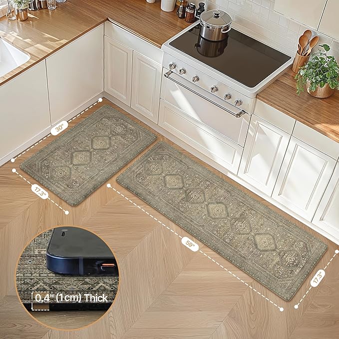 GENIMO Kitchen Mats for Floor 2PCs, Washable Anti Fatigue Mat for Cushioned, 17.3"x59"+17.3"x30", Waterproof Kitchen Rugs, Non Slip Comfort Standing Mat Rug for Home, Sink, Laundry, Sage