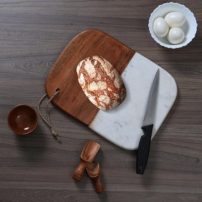 Marble & Acacia Wood Cutting Board – 12.25x9.25" White Charcuterie, Cheese & Serving Tray for Bread, Steak, Fruit – Elegant Solid Chopping Board for Kitchen & Parties