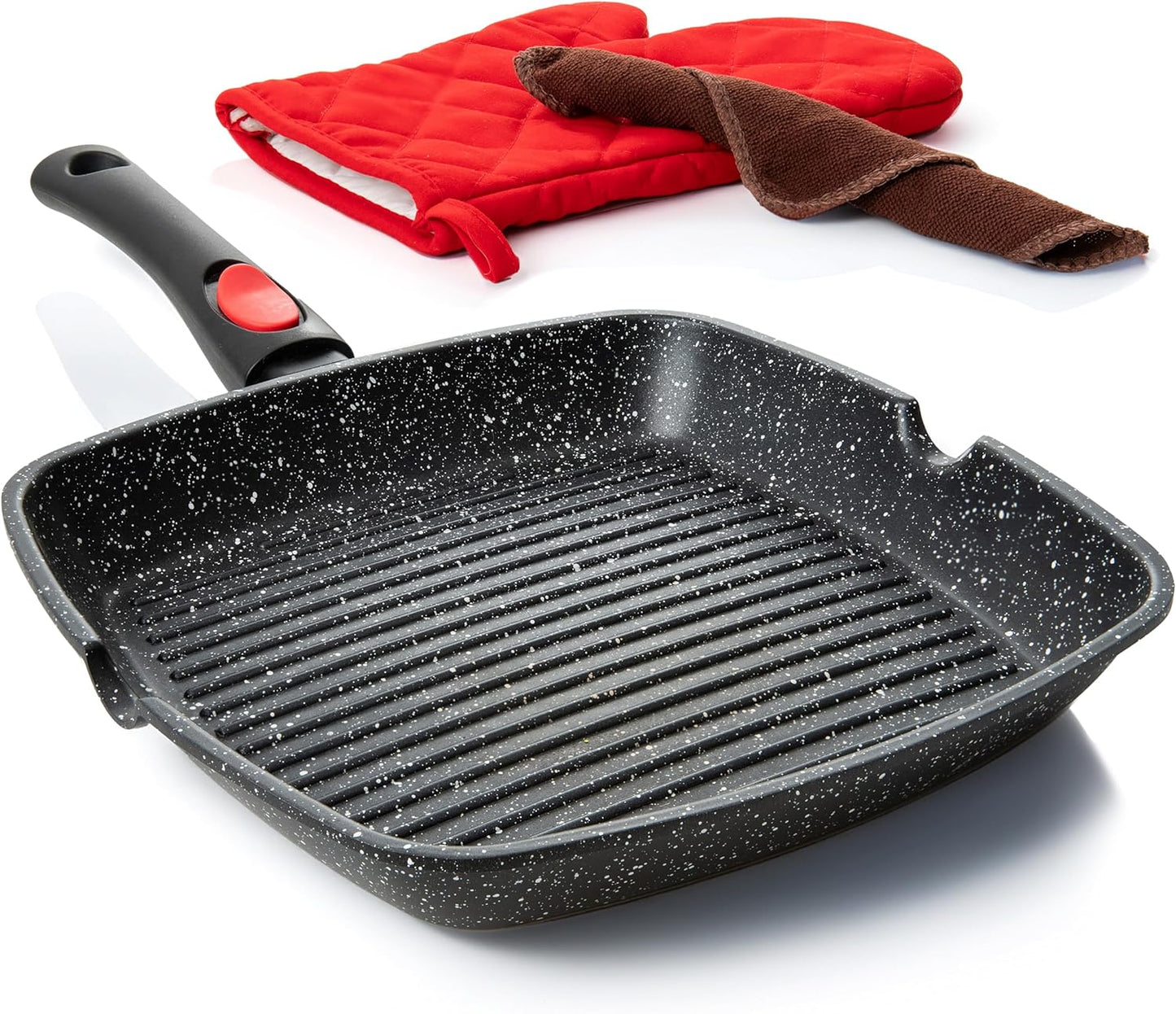 Moss & Stone Square Grill Pan for Indoor Cooking, 11-Inch Nonstick Griddle Skillet with Removable Handle, RV Die-Cast Aluminum Stove Top Grill Pan for Meats & Vegetables, Detachable Handle