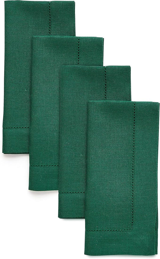 Solino Home Linen Napkins Set of 4 - Classic Hemstitch 100% Pure Linen Rainforest Green Dinner Napkins Cloth 20 x 20 Inch for Fall, Thanksgiving, Christmas, Holiday - Handcrafted and Machine Washable