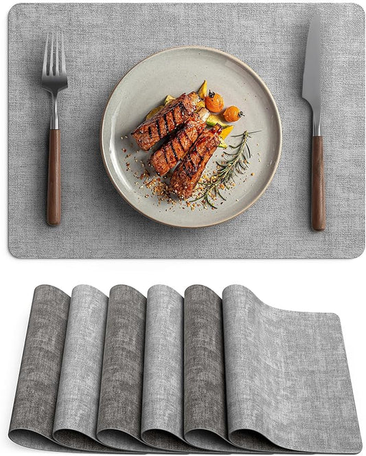 Faux Leather Vinyl Placemats Set of 6 Wipeable Heat Resistant Place Mats 100% Washable - Waterproof - Anti Slip Reversible Table Mats for Kitchen/Dining/Party, 12" x 16.5", Smokey Grey & Dark Grey