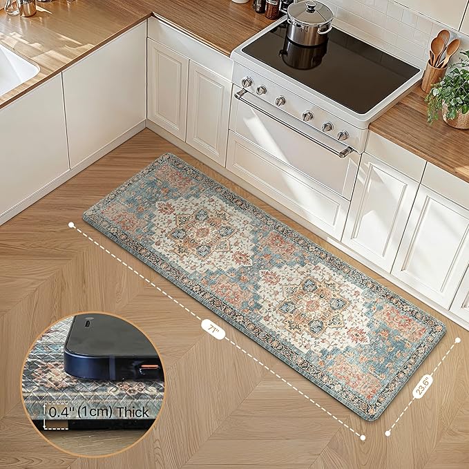 GENIMO Kitchen Mats for Floor, Washable Anti Fatigue Mat for Cushioned, 23.6"x71", Waterproof Kitchen Rugs, Non Slip Comfort Standing Mat Rug for Home, Sink, Laundry, Blue&Salmon