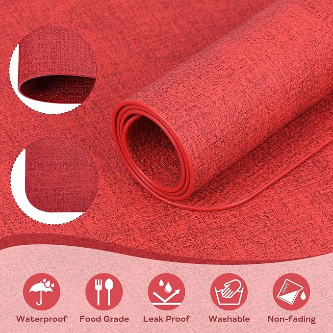 Vinly Placemats Set of 6 - Waterproof Wipeable Faux Leather Table Place Mats Heat Resistant Anti Slip Table Mats for Dining, Indoor, Outdoor, 15.8" x 11.8" (Retro red)