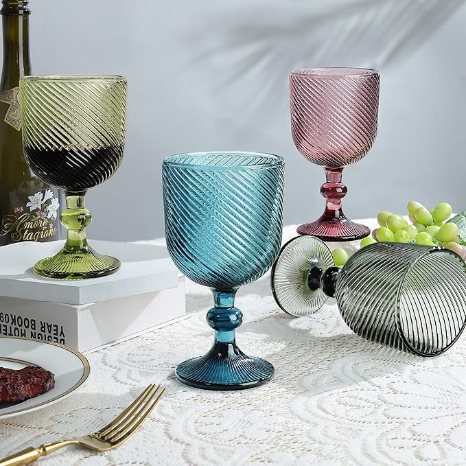 Joeyan Vintage Wine Glasses,Ribbed Embossed Water Goblet Drinking Glasses,Stemmed Colored Wine Glassware for Christmas Party Wedding Table Decor,12 oz,Set of 4, Dishwasher Safe