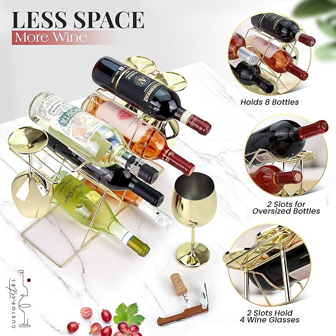 Gusto Nostro Countertop Wine Rack with Glass Holder for 8 Bottles & 4 Glasses - Tabletop Modern Small Wine Rack for Home Kitchen Cabinet Wine Cellar Storage - No Assembly Wine Bottle Holder (Gold)