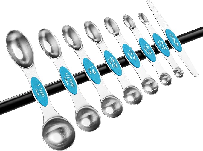 Spring Chef Stainless Steel Magnetic Measuring Spoons Set of 8 with Leveler, Nesting Teaspoon & Tablespoon Measuring Spoons for Dry and Liquid Ingredients, Kitchen Gadgets for Baking & Cooking - Teal