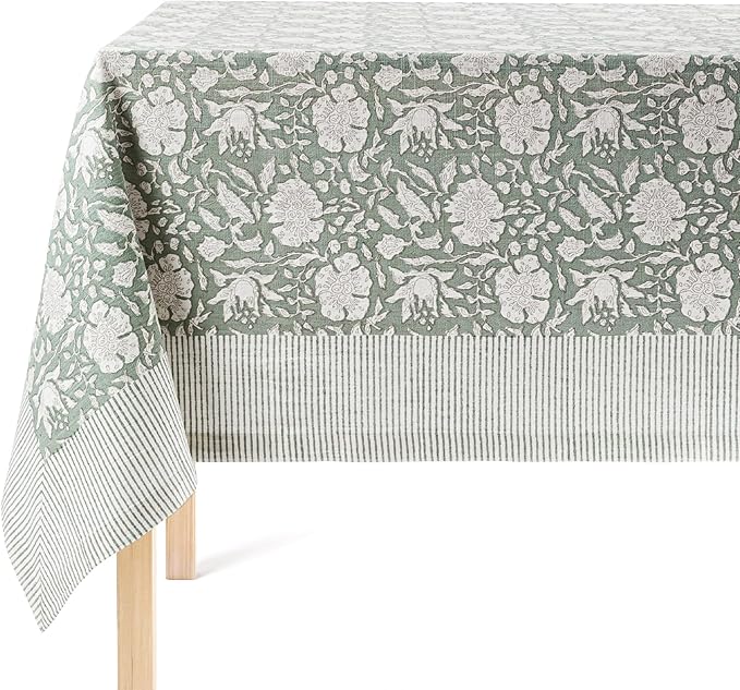 over&back Hand-Screened Tablecloth - Dining Table Cover - Each Tablecloth is Unique - 100% Cotton - Machine Washable - Kitchen and Home Decor - Green Floral - 70x90