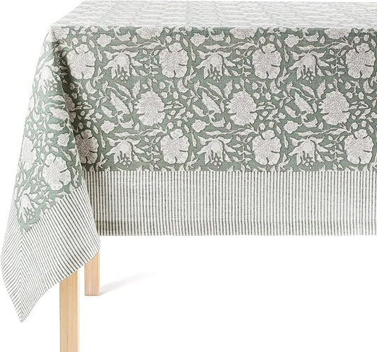 over&back Hand-Screened Tablecloth - Dining Table Cover - Each Tablecloth is Unique - 100% Cotton - Machine Washable - Kitchen and Home Decor - Green Floral - 70x90