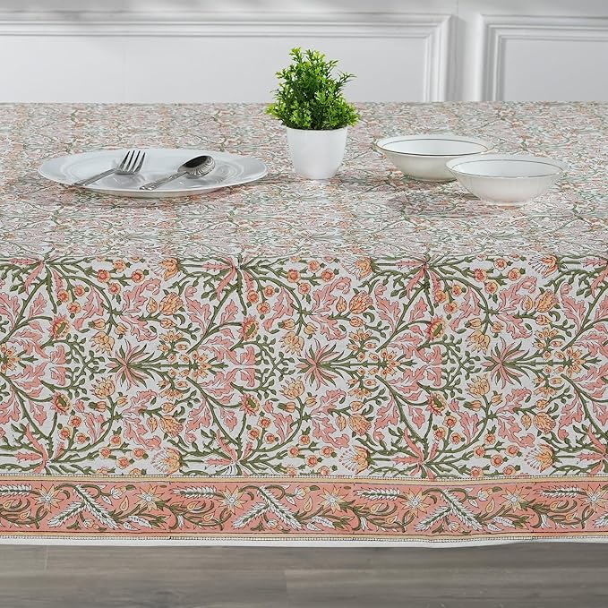 Ridhi -Sassy Salmon Pink 72X140 Inches Rectangle 100% Cotton Hand Block Print Tablecloth Washable Halloween Thanksgiving/Christmas Parties/Wedding Use,Fall décor Farmhouse Dining Dinner