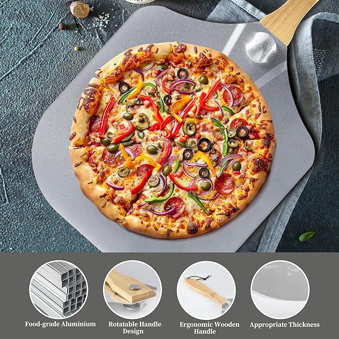 12 inch Metal Pizza Peel, HIA Aluminum Pizza Spatula Paddle Shovel with Foldable Wooden Handle, Great for Oven and Homemade Pizza